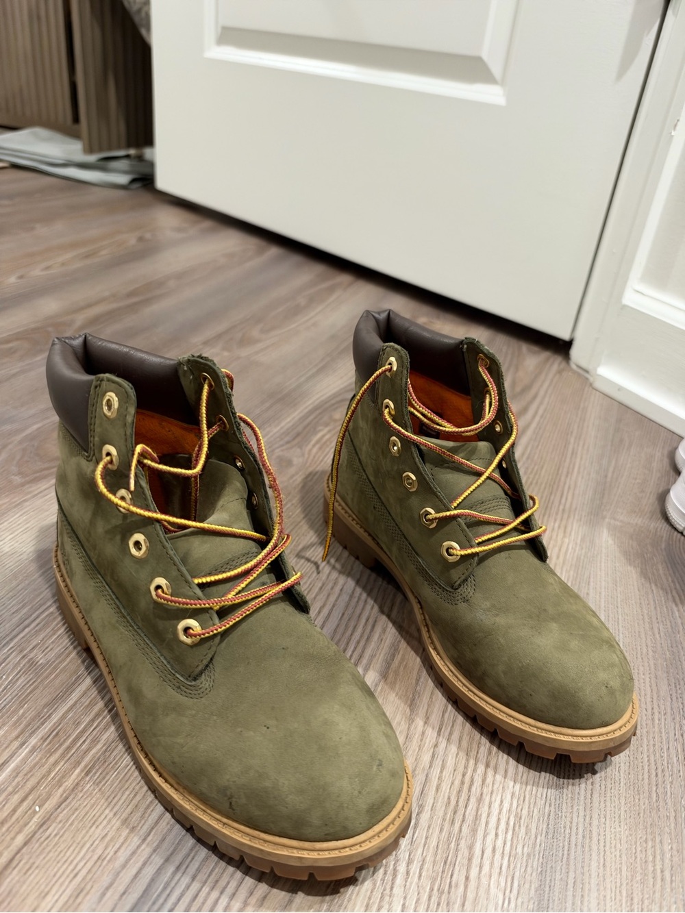 Timberland Olive Green Suede Lace-Up Work Boots with Tan Outsole